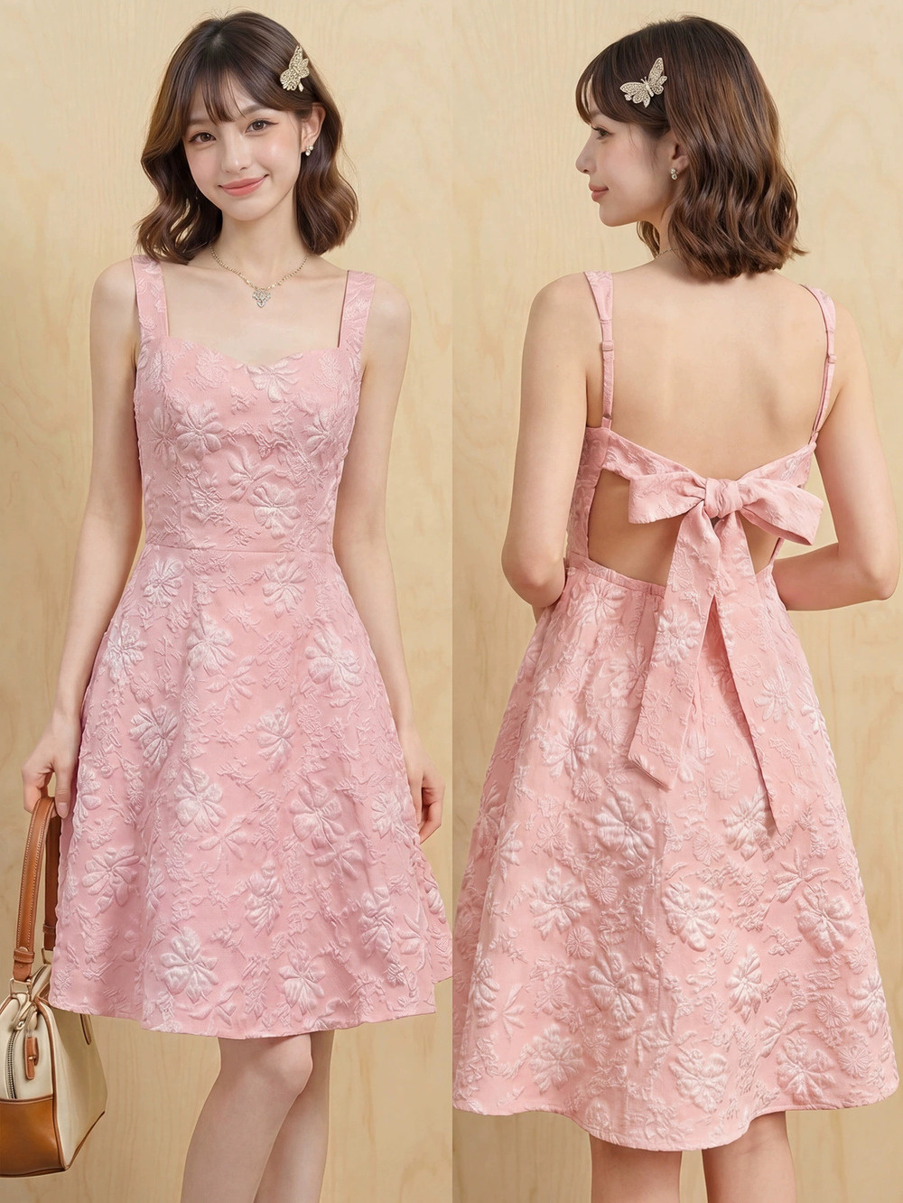 ZARA Fashion Sexy Spaghetti Strap Backless Bow Sweet Pink A Line Dress